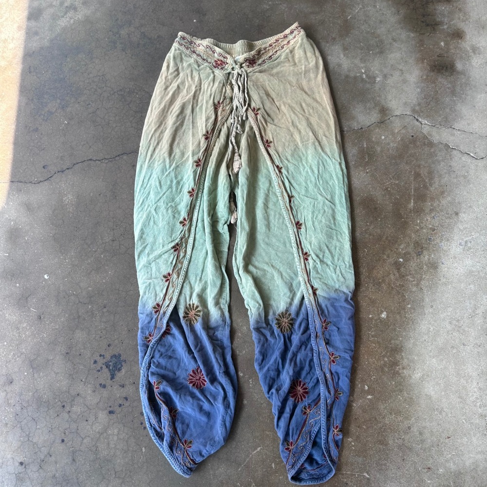 Earthbound Harem Pants Womens Medium Blue Green Ombre Excellent Boho Embroidered